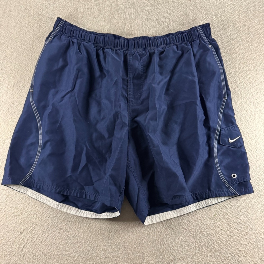 Nike Board Shorts Mens 2XL Navy Blue Mesh Lined High Rise Elastic Waist Swimwear